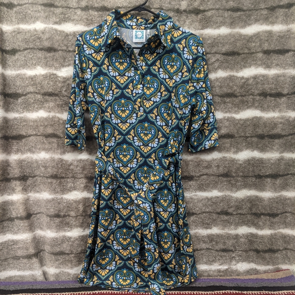 Vintage-Inspired Teal & Yellow Patterned Shirt Dress